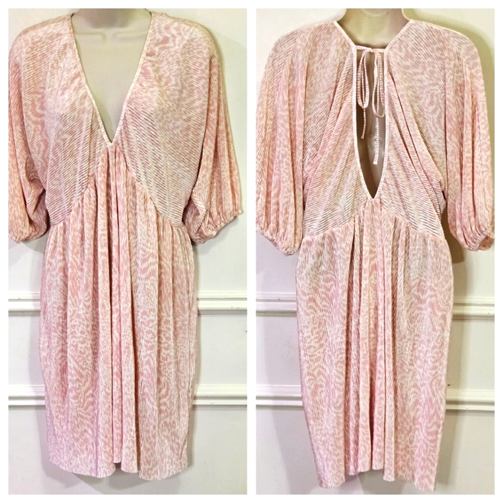 ASOS Design Pink/White  Multi-Color Textured Plisse Batwing Sleeve Dress,Size 12